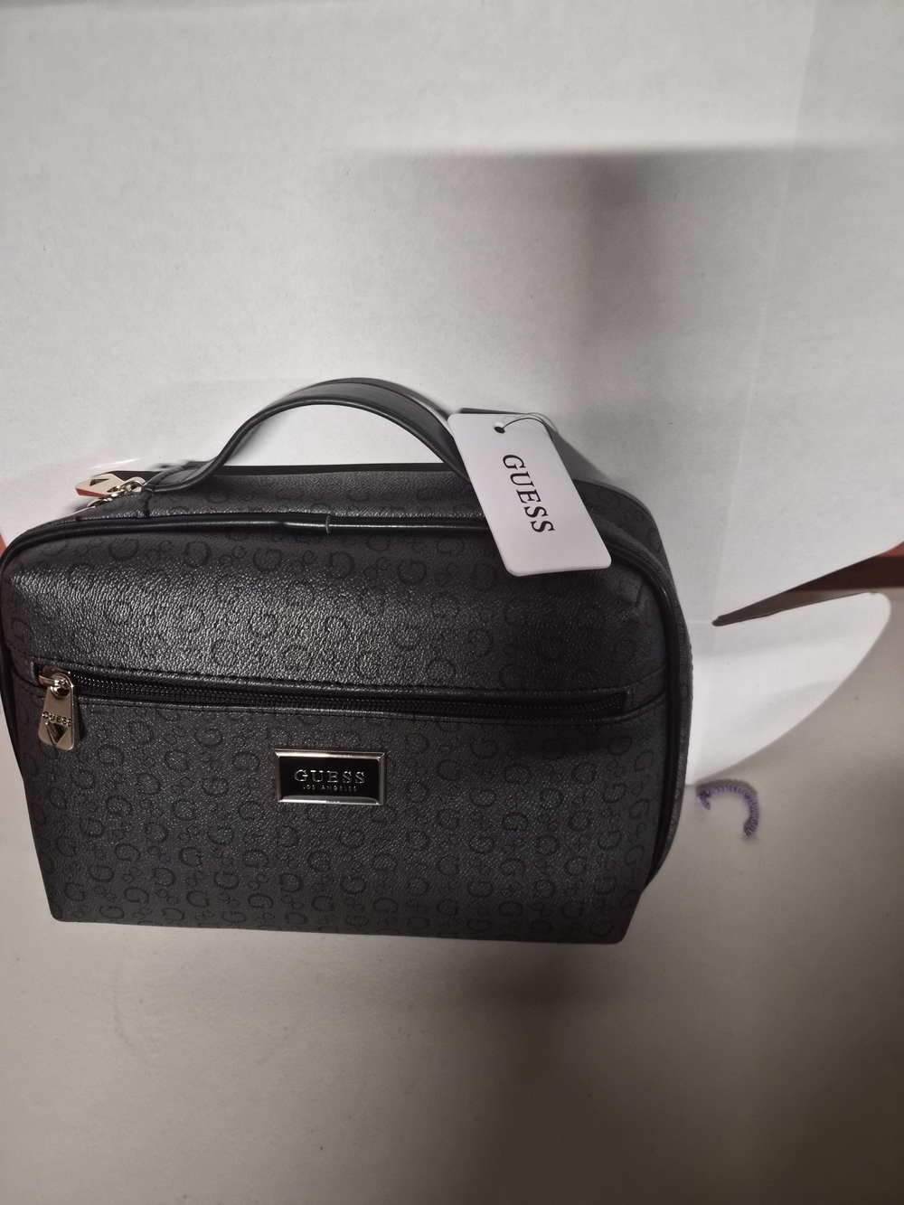 GUESS Black Men’s Toiletry Bag with Top Handle and Logo Plate